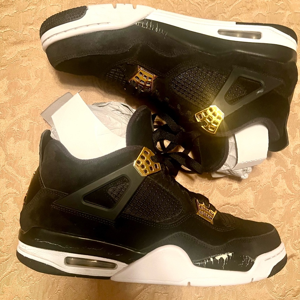 AJ Jordan 4 Royalty Black/Metallic Gold-White Mens Size 12